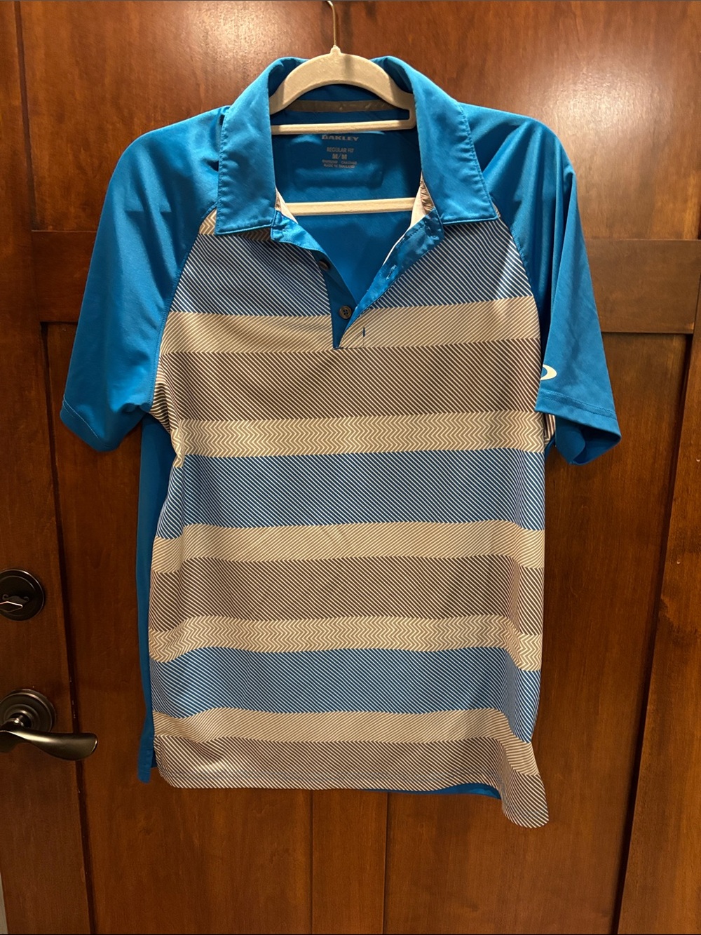 Oakley Teal and White Striped Athletic Polo